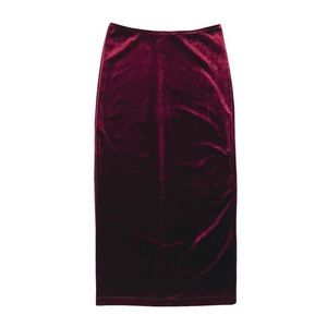 American Apparel Velvet Midi Pencil skirt with back slit -red Cabernet
